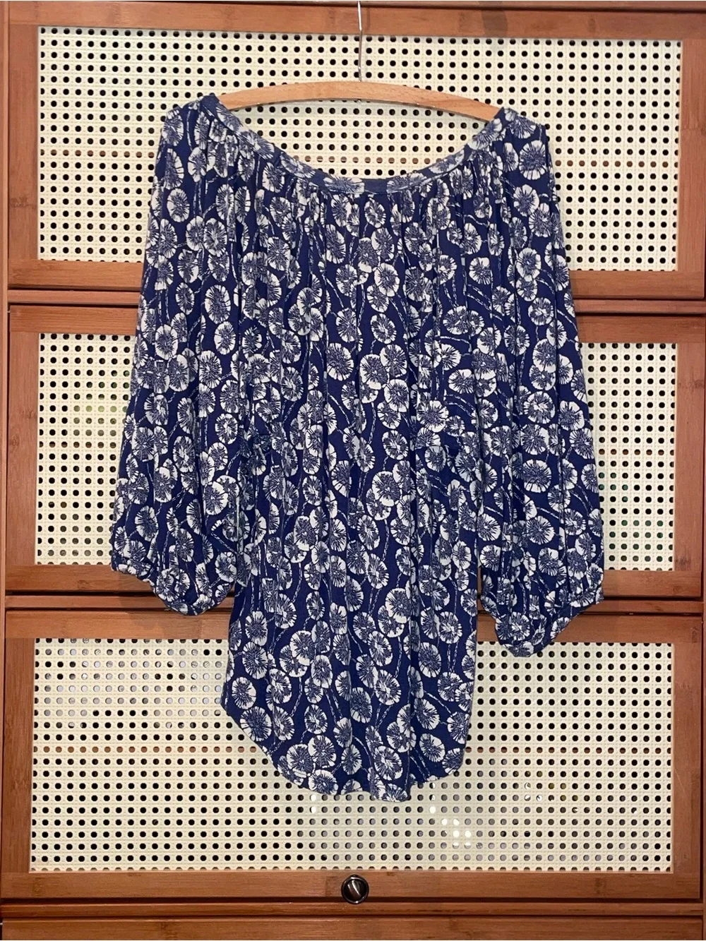 Boden Indigo Blue Floral Puff-Sleeve Knit Jersey Women's Top